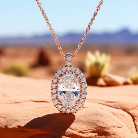 Raw 3ct Elongated Oval Halo Lab Diamond Pendant - Fiona Diamonds - Fiona Diamonds