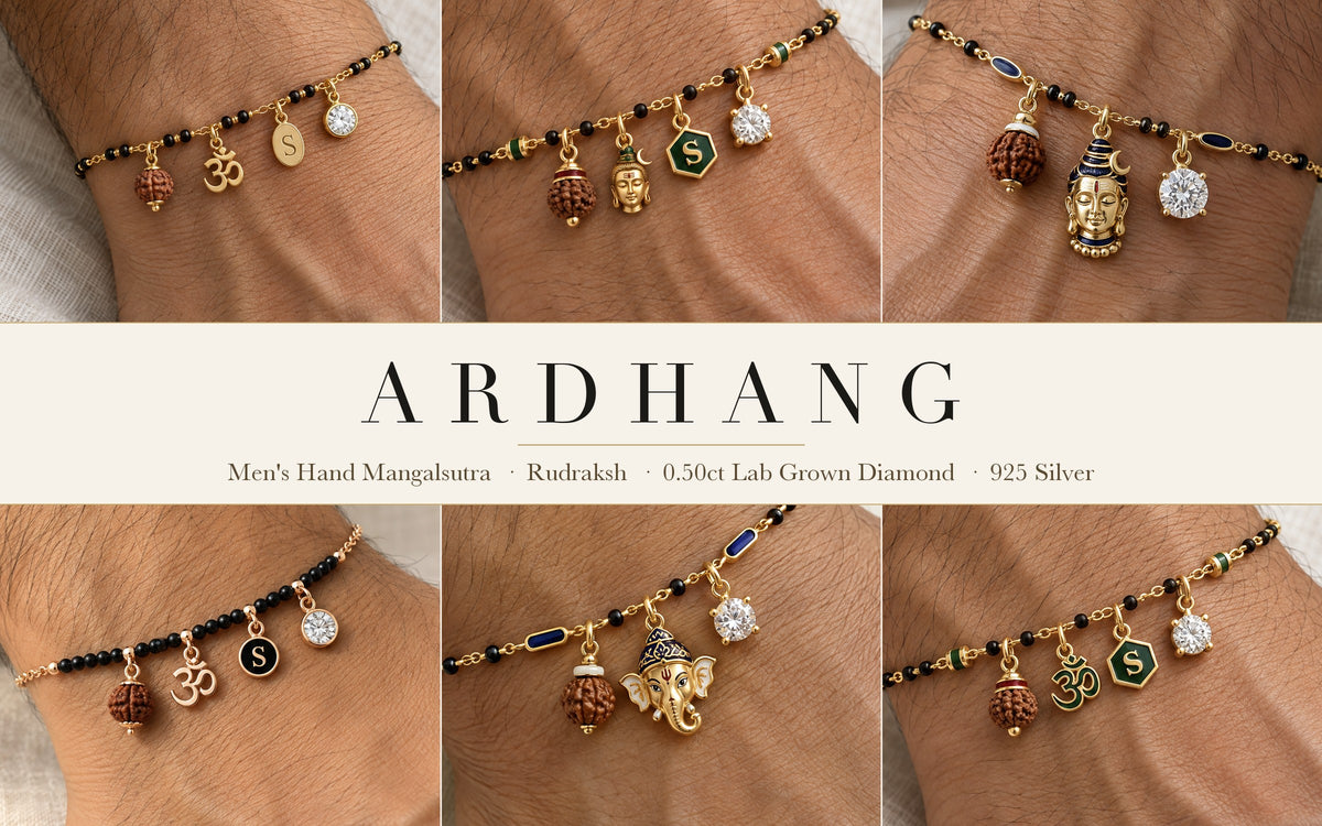 Ardhang – men's hand mangalsutra with rudraksh, Om, Shiva and Ganesha charms and a lab grown diamond in 925 silver