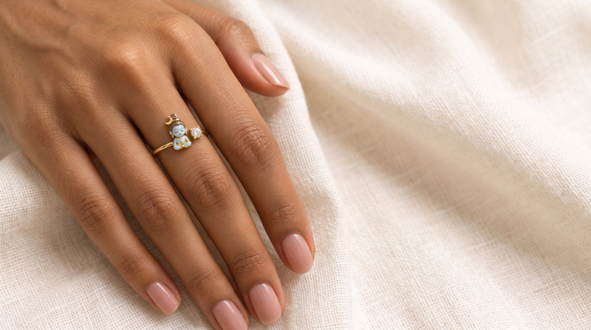 Bal Shiva Dhyan lab grown diamond silver ring worn on the right hand, resting on ivory linen