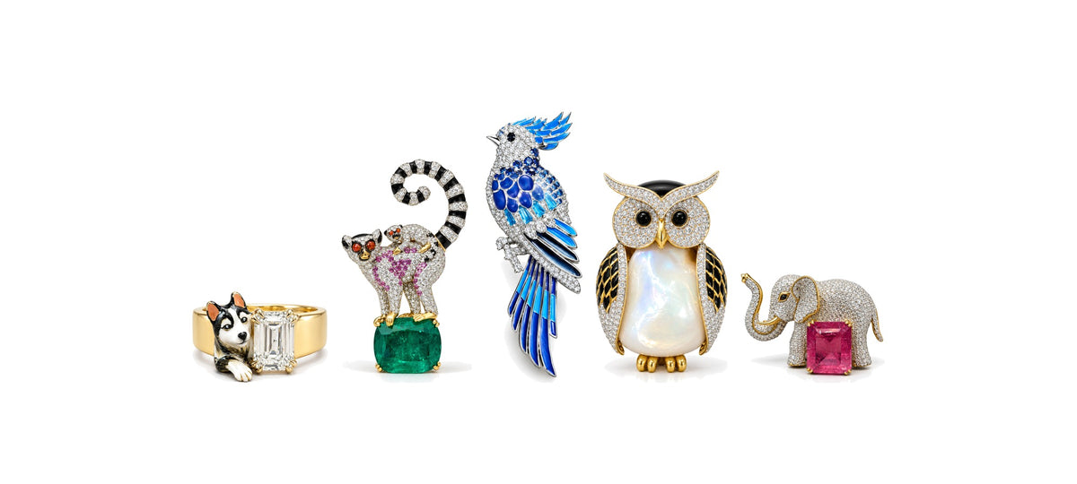 One of a Kind lab-grown diamond jewellery by Fiona Diamonds – husky ring, lemur brooch, blue jay brooch, pearl owl brooch and pavé elephant brooch