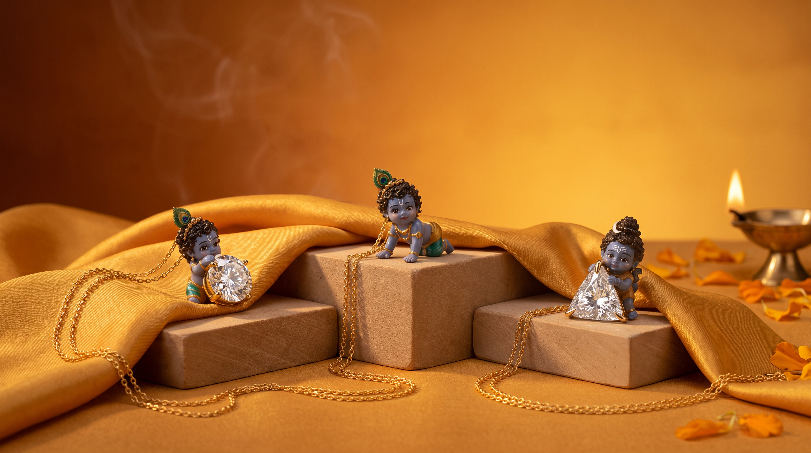 Bal Leela — hand-enamelled child-god lab diamond pendants on saffron silk