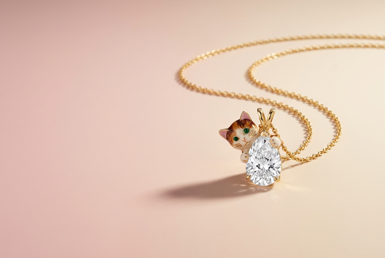 Peeping Pets by Fiona Diamonds - a hand-enamelled ginger cat peeping around a pear-cut lab grown diamond pendant in gold, on a blush and champagne background