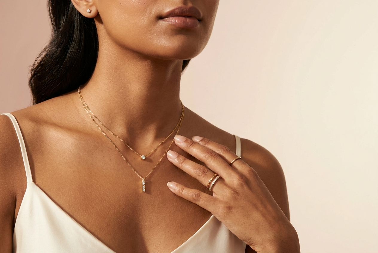 Layered 18kt gold vermeil lab grown diamond necklaces, stud earring and stacked rings worn on a model