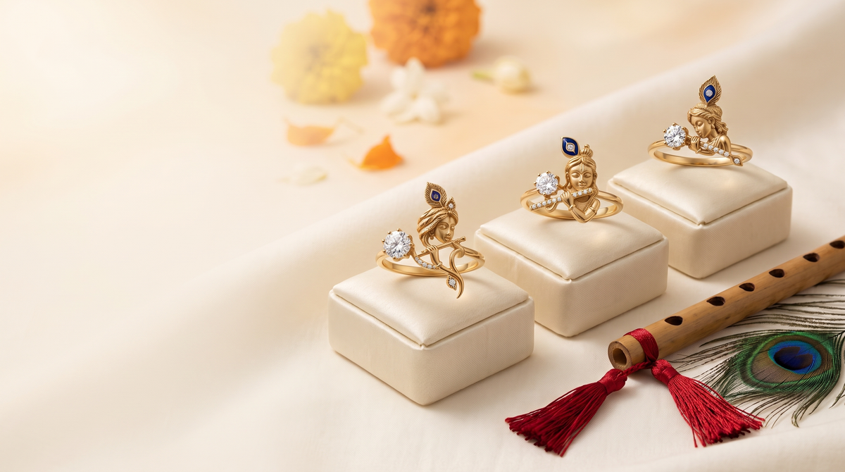 Bansuri collection – Krishna lab grown diamond silver rings on ivory silk with a bansuri flute and peacock feather