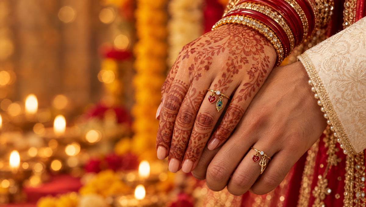Jodi collection – bride's mehndi hand and groom's hand, each wearing a lab grown diamond silver charm ring with enamel initials P and S, peacock feather and trishul charms