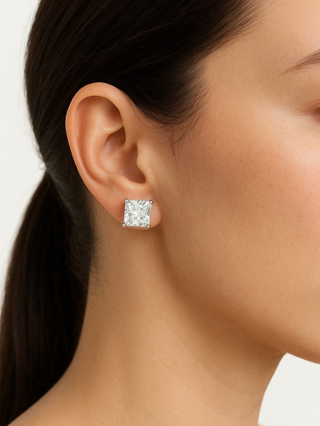 Side view of Aviann 3ct Princess Lab Diamond Stud Earrings in 18K White Gold - Fiona Diamonds
