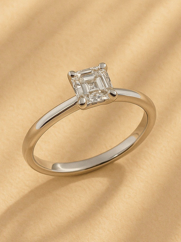 Close-up of Nobleza 70 Pointer Asscher Lab Diamond Classic Solitaire Ring set in 18K White Gold by Fiona Diamonds
