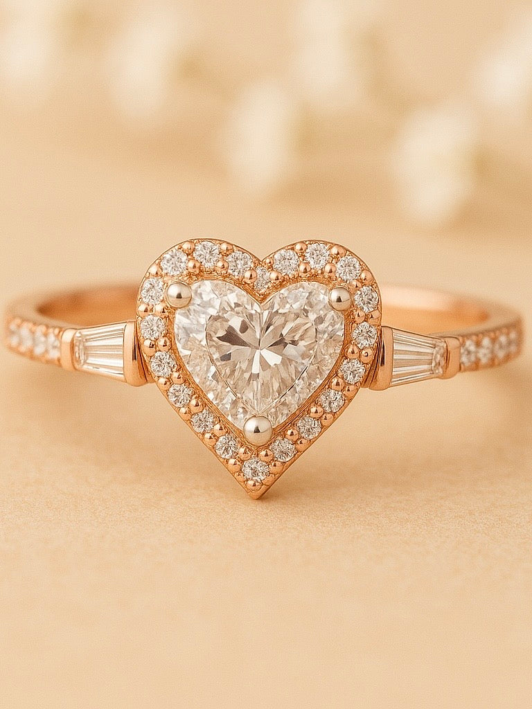 Side view of Yuxin Heart Lab Diamond Three Stone Ring in 14K Rose Gold - Fiona Diamonds