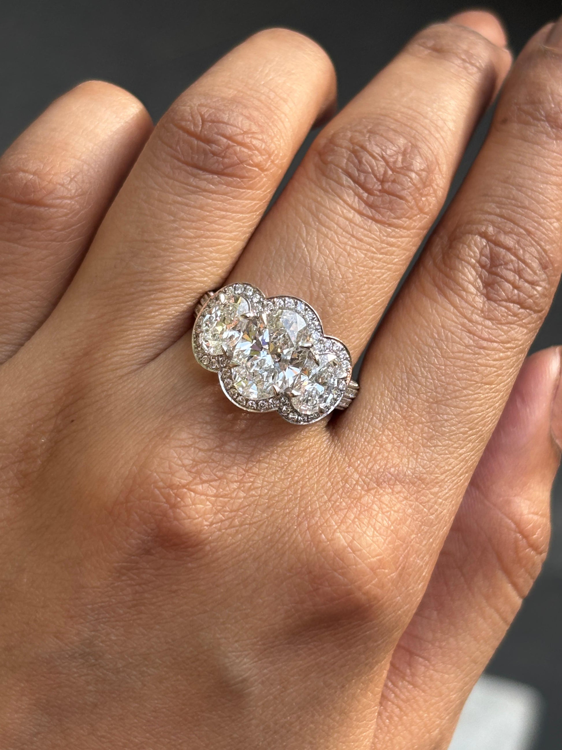 Close-up of Kalliope Oval Lab Diamond Three Stone Ring set in 14K White Gold by Fiona Diamonds