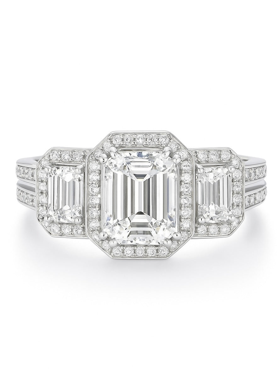 Yara Emerald Lab Diamond Three Stone Ring in 14K White Gold by Fiona Diamonds