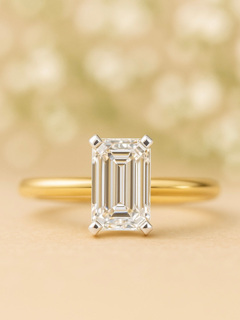 Side profile of Mingxia 1ct Emerald Lab Diamond Classic Solitaire Ring in 14K Yellow Gold Fiona Diamonds