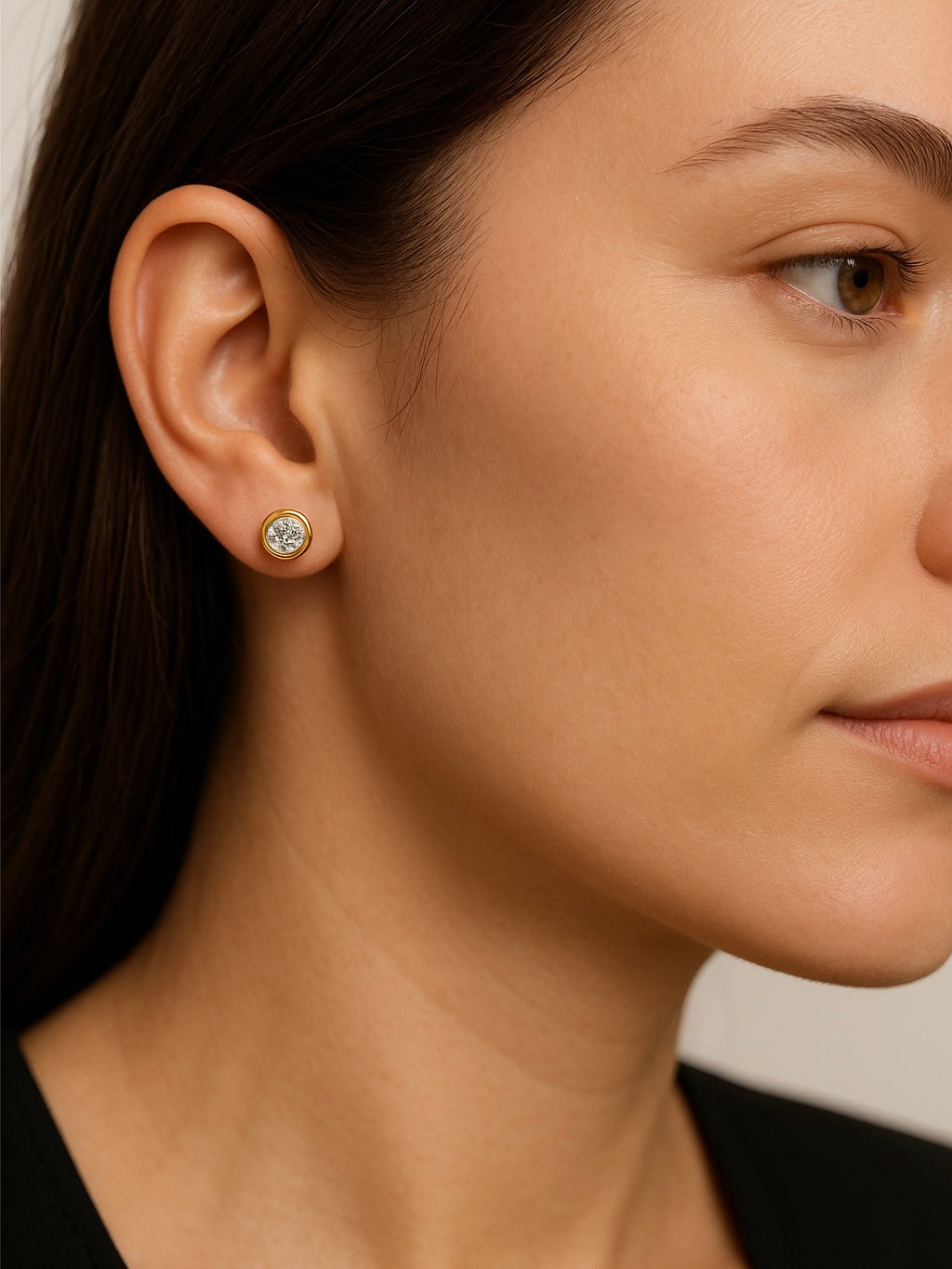 Close-up of 50 Pointer Round Round Lab Diamond Solitaire Stud in 14K Yellow Gold by Fiona Diamonds