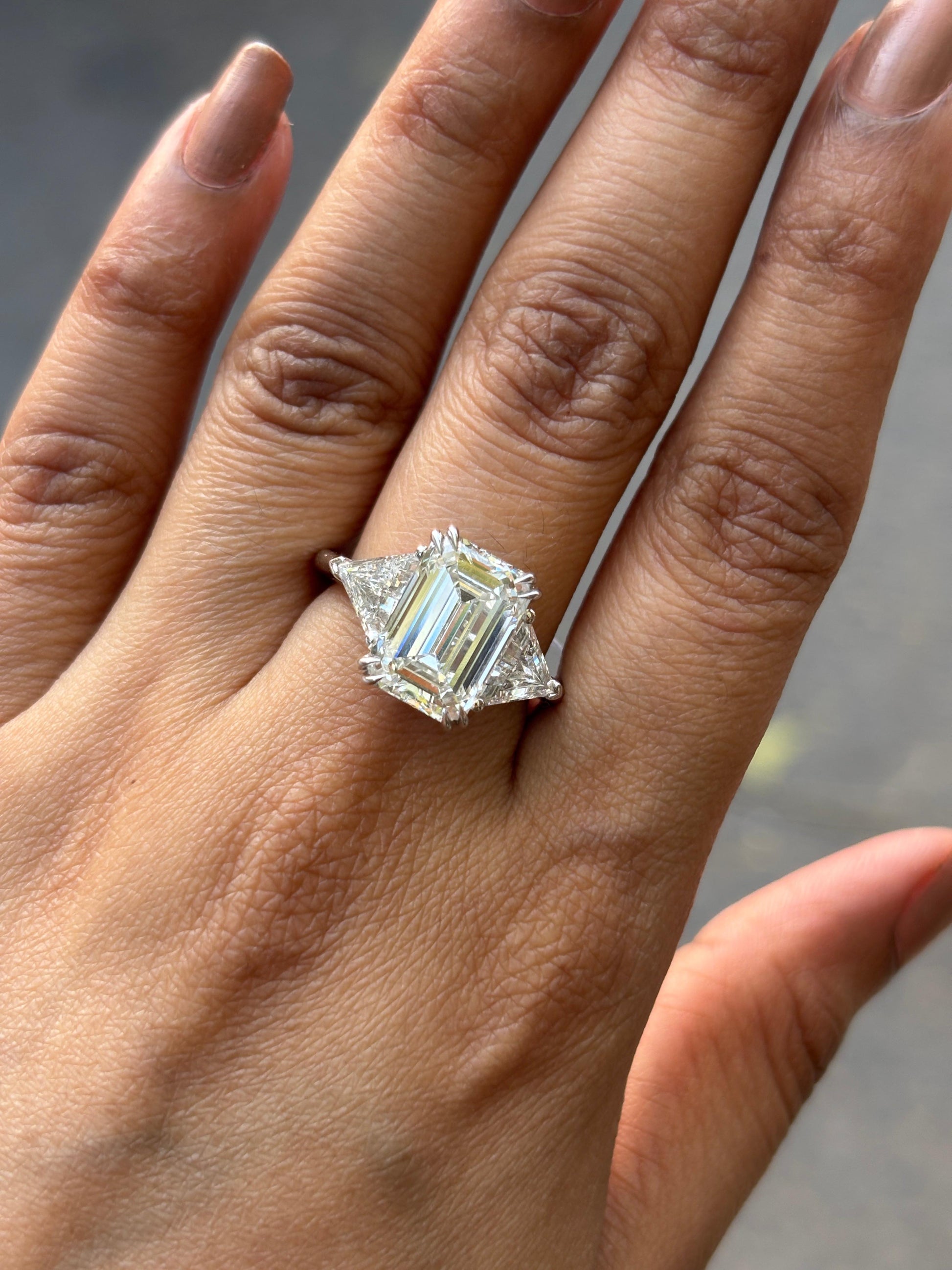 Fiona Diamonds Bin Emerald Lab Diamond Three Stone Ring in 14K White Gold on hand