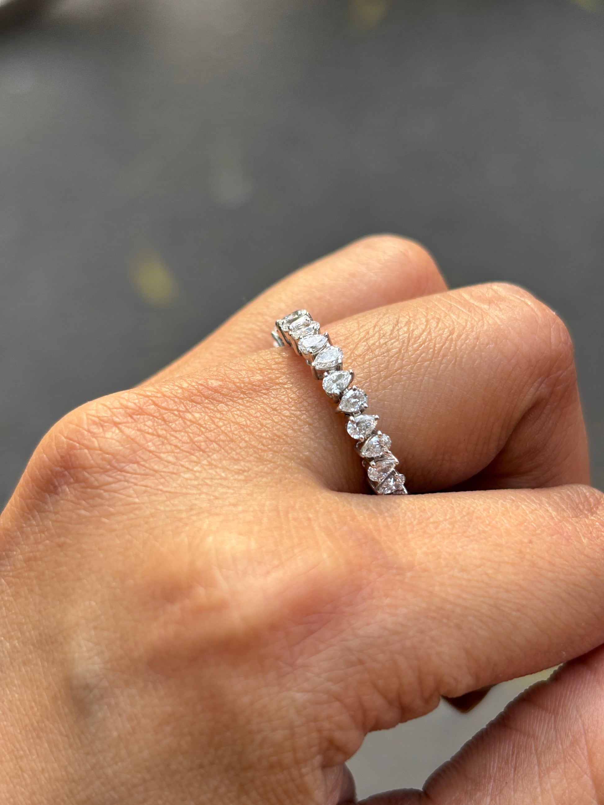Fiona Diamonds Ione Pear Lab Diamond Eternity Ring in 14K White Gold on hand