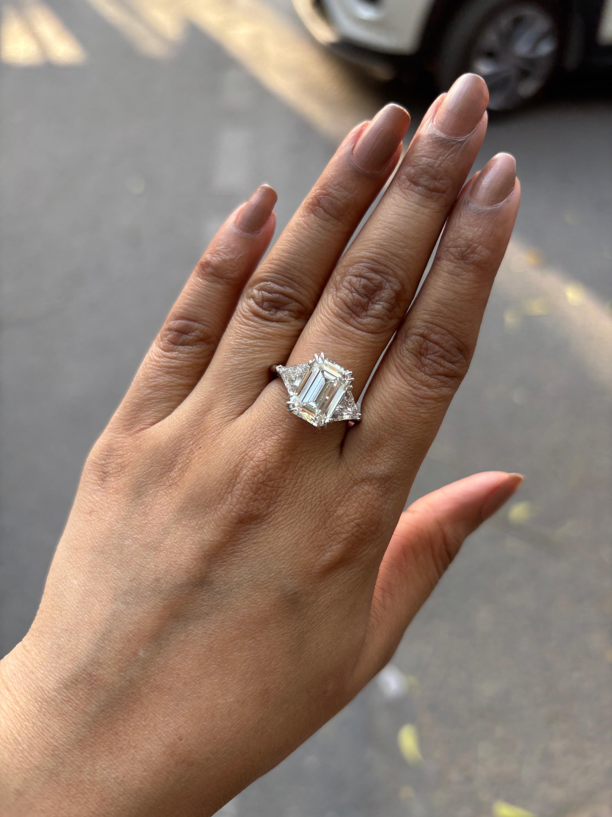 Side view of Bin Emerald Lab Diamond Three Stone Ring in 14K White Gold - Fiona Diamonds