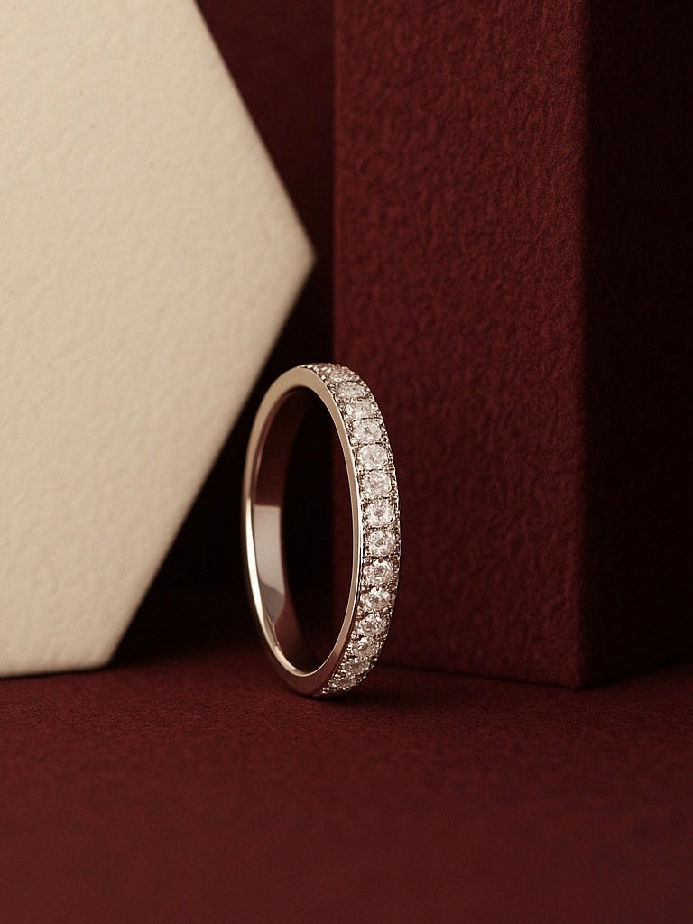 Close-up of Leda Round Lab Diamond Eternity Ring set in 14K White Gold by Fiona Diamonds
