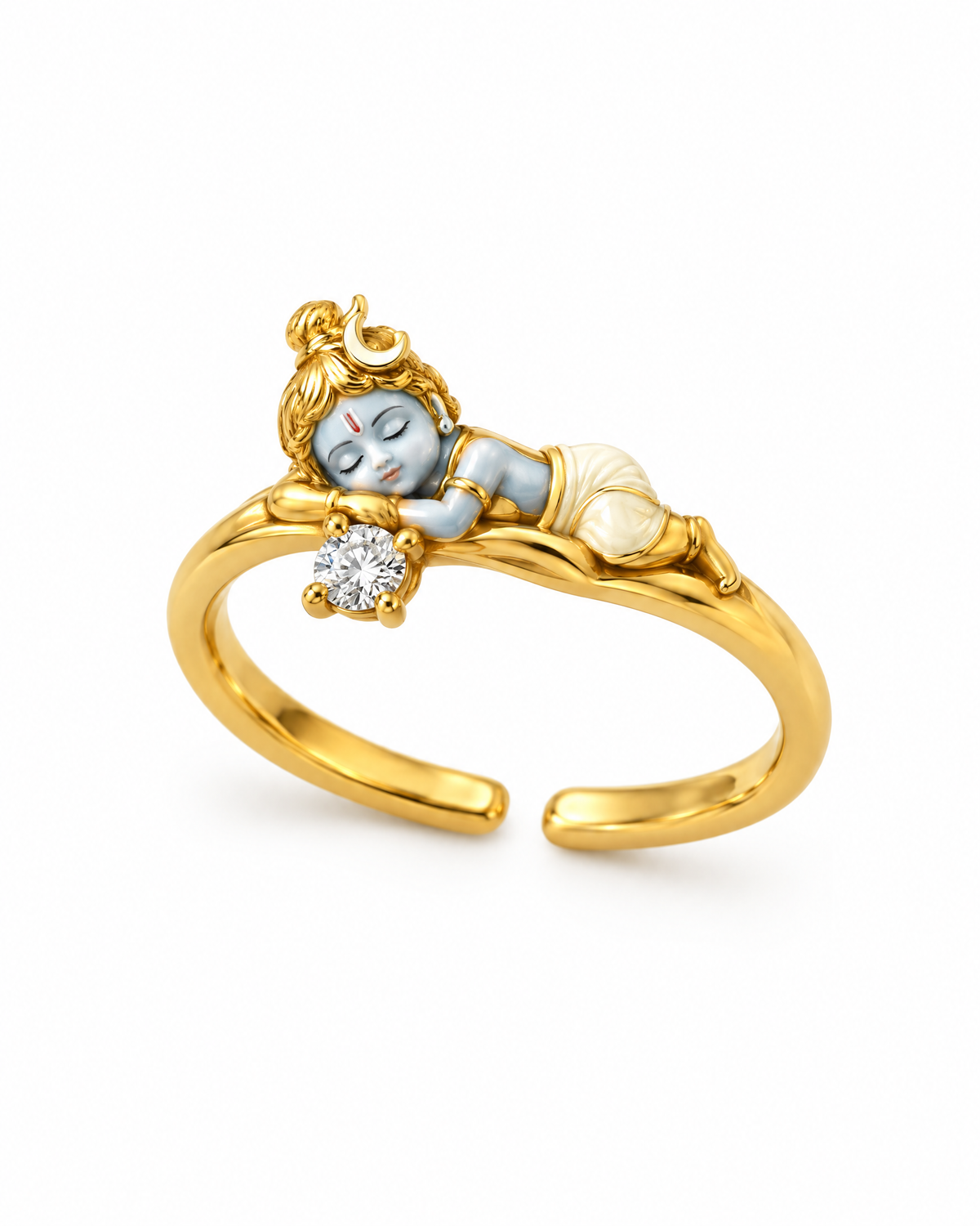 Bal Shiva Nidra ring – 18kt gold vermeil finish flexi ring, open band, sleeping baby Shiva with lab grown diamond solitaire, product shot on white