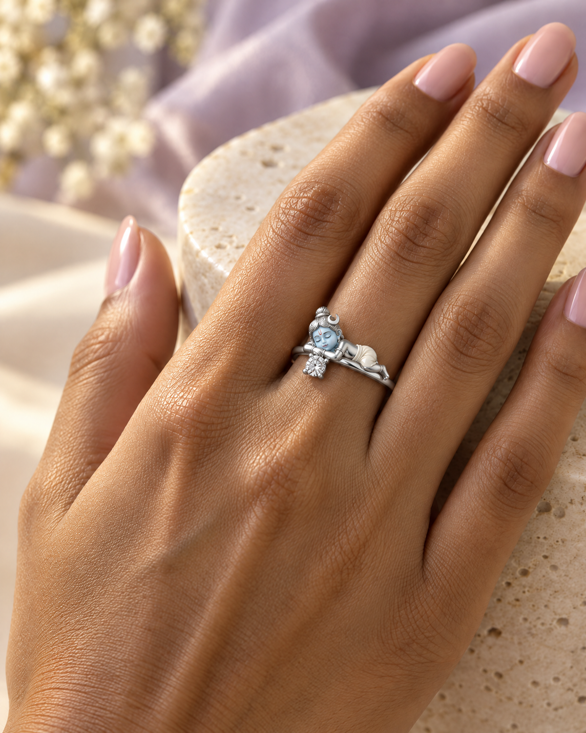 Bal Shiva Nidra ring in polished 925 sterling silver – sleeping baby Shiva with lab grown diamond solitaire, worn on the ring finger