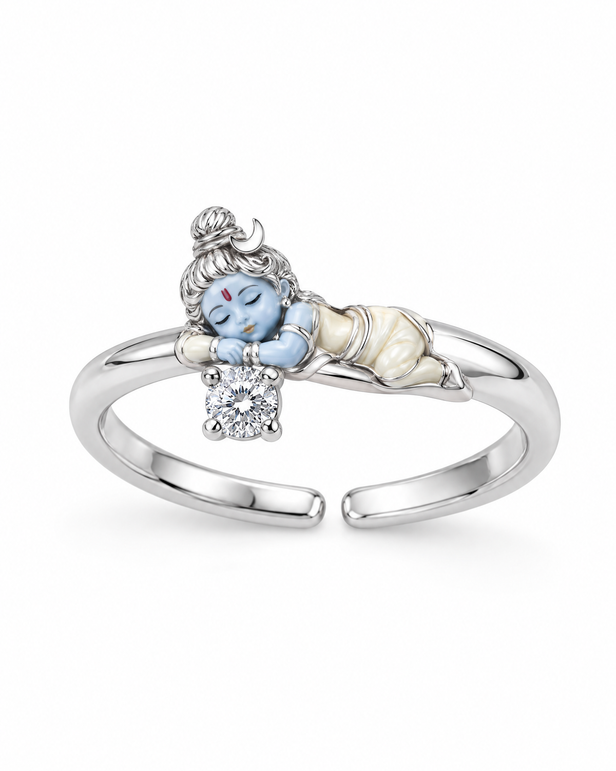 Bal Shiva Nidra ring – polished 925 sterling silver flexi ring, open band, sleeping baby Shiva with lab grown diamond solitaire, product shot on white