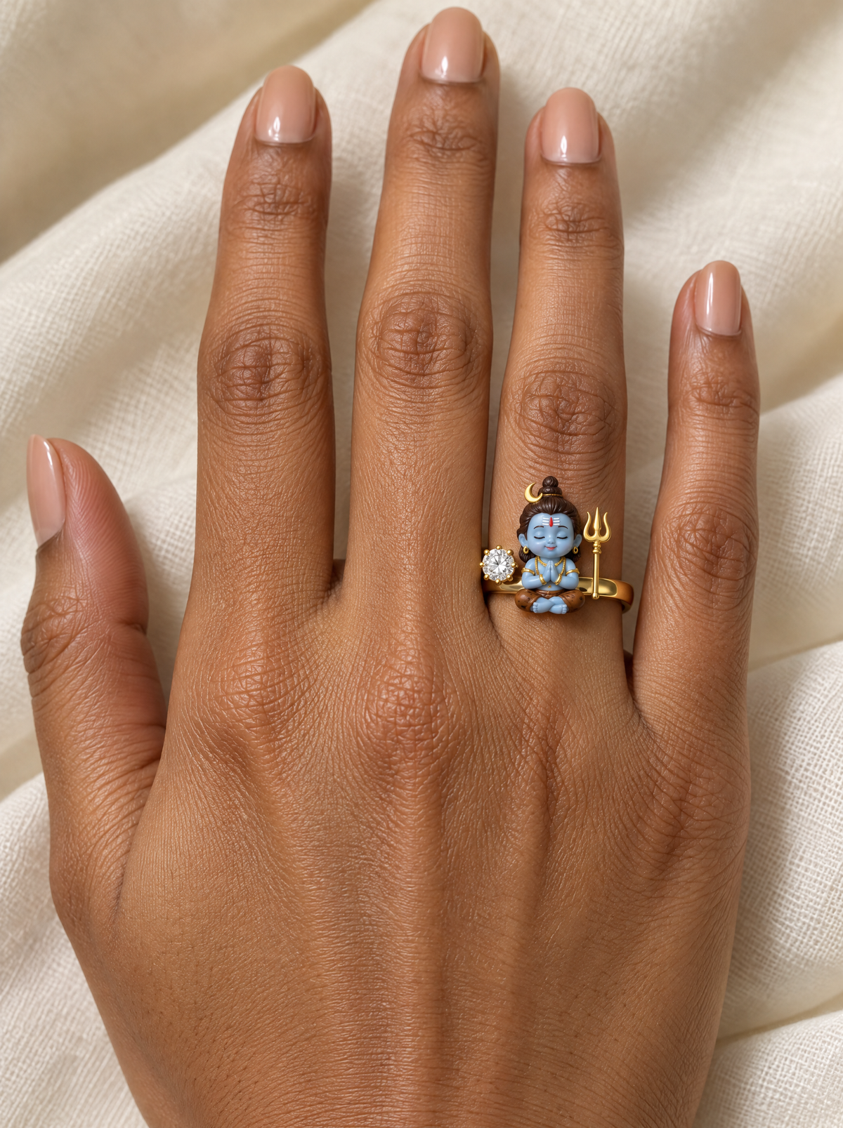 Bal Shiva Shashi ring – crescent moon in his jata, lab grown diamond solitaire on one side and gold trishul on the other, worn on the ring finger