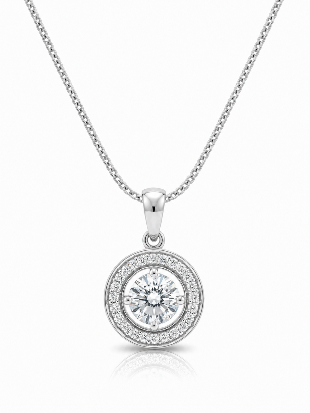 Nimbus Charm Round Lab Diamond Halo Pendant in 18K White Gold by Fiona Diamonds