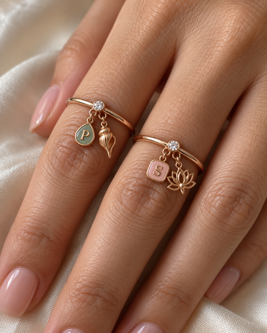 Lakshmi Narayan Lab Diamond Silver Couple Rings – pair of rose gold tone charm rings with sage-green enamel drop initial and gold shankh charm, and blush-pink enamel square initial and gold lotus charm, lab grown diamond solitaires, worn on the hand