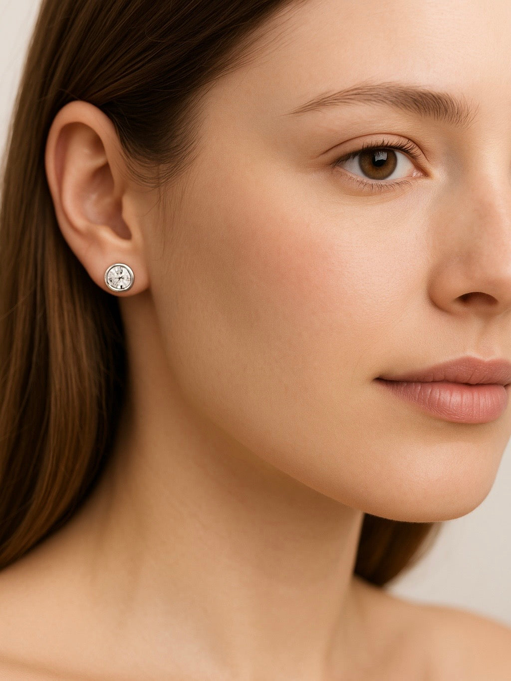 Side view of Linlin 50 Pointer Round Lab Diamond Stud Earrings in 14K Yellow Gold - Fiona Diamonds