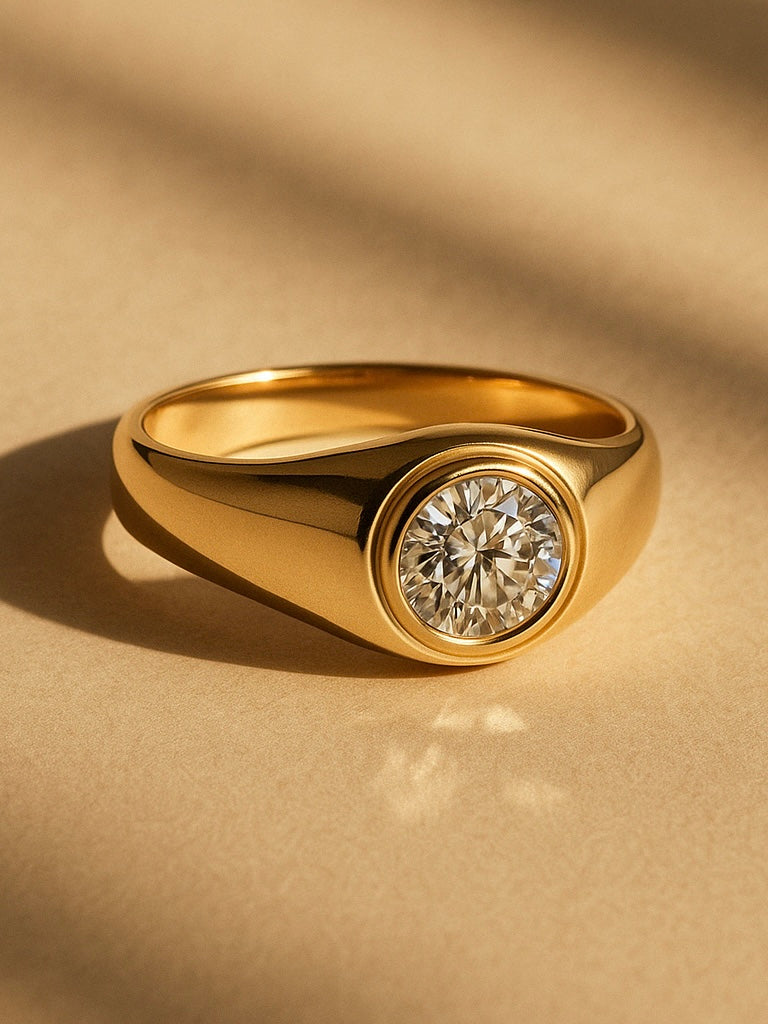 Close-up of Timeless 1ct Round Lab Diamond Classic Solitaire Ring set in 14K Yellow Gold by Fiona Diamonds