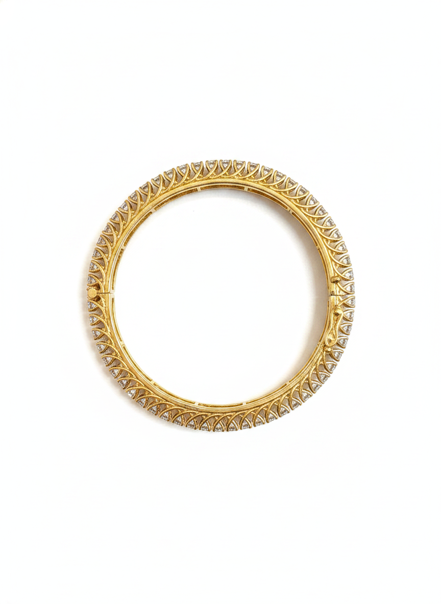 Close-up of Jorin Crest Round Lab Diamond Solitaire Bangle in 14K Yellow Gold by Fiona Diamonds