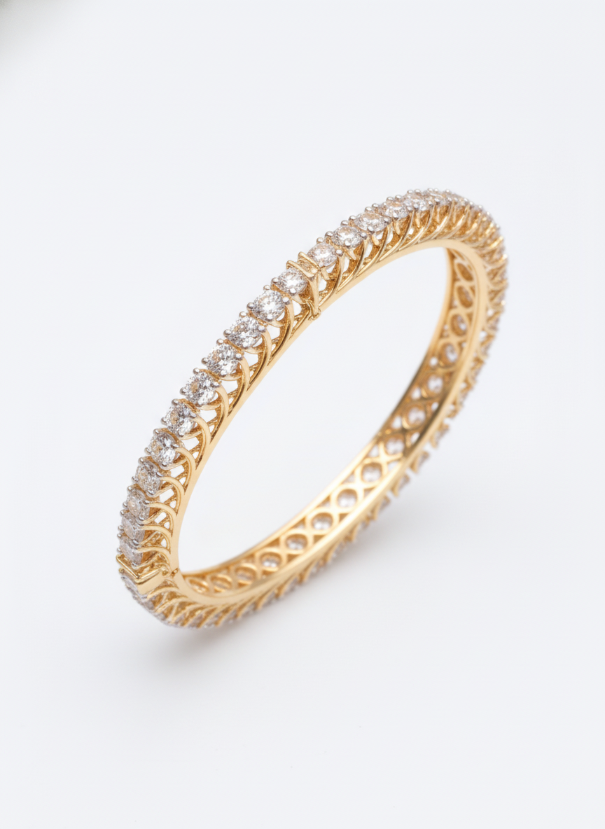 Lumen Cuff Round Lab Diamond Solitaire Bangle in 18K Yellow Gold by Fiona Diamonds