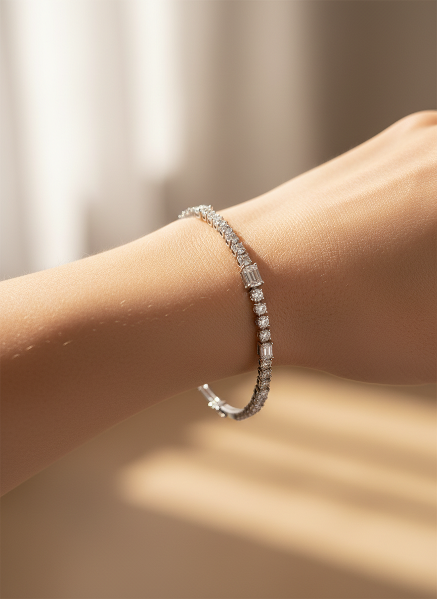 Close-up of Kryphine Strand Emerald Lab Diamond Tennis Bracelet in 18K White Gold by Fiona Diamonds