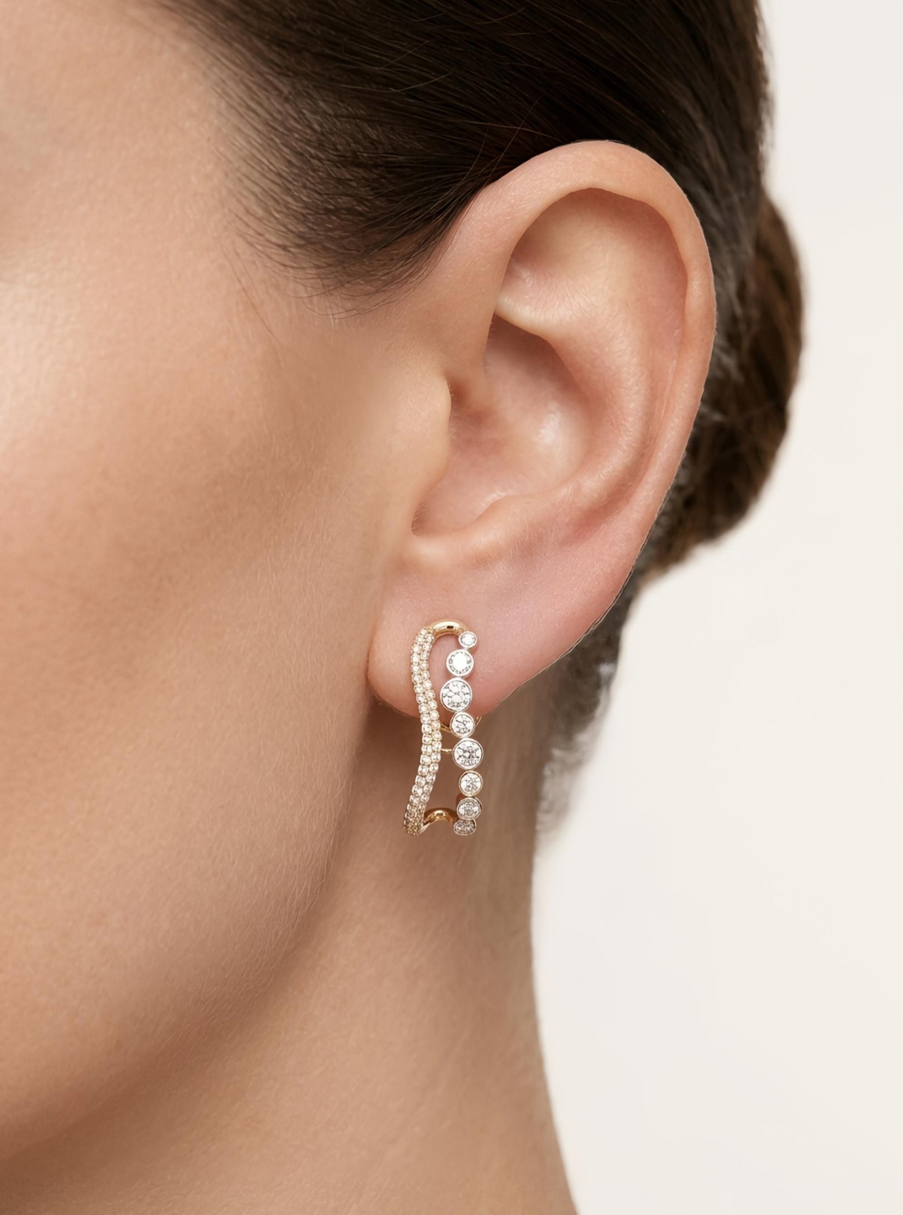 Side view of Lyra Mist Round Lab Diamond Designer Earrings in 18K Rose Gold - Fiona Diamonds