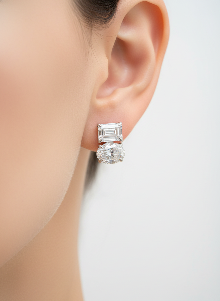 Side view of Prism Hook Emerald Lab Diamond Earrings in 14K White Gold - Fiona Diamonds