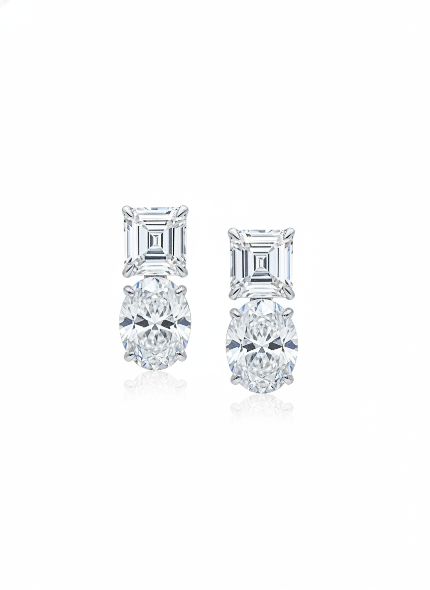 Prism Hook Emerald Lab Diamond Earrings in 14K White Gold by Fiona Diamonds