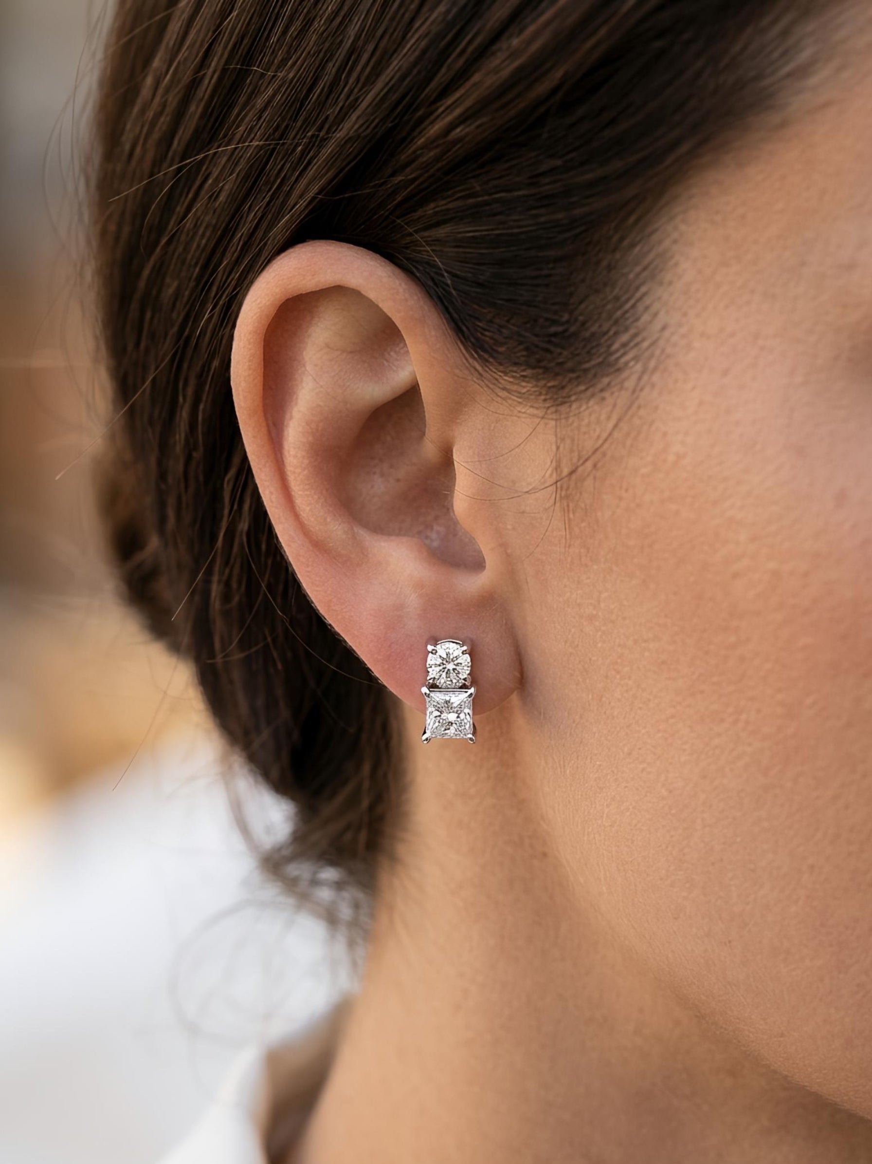 Side view of Raya Link Princess Lab Diamond Earrings in 14K White Gold - Fiona Diamonds