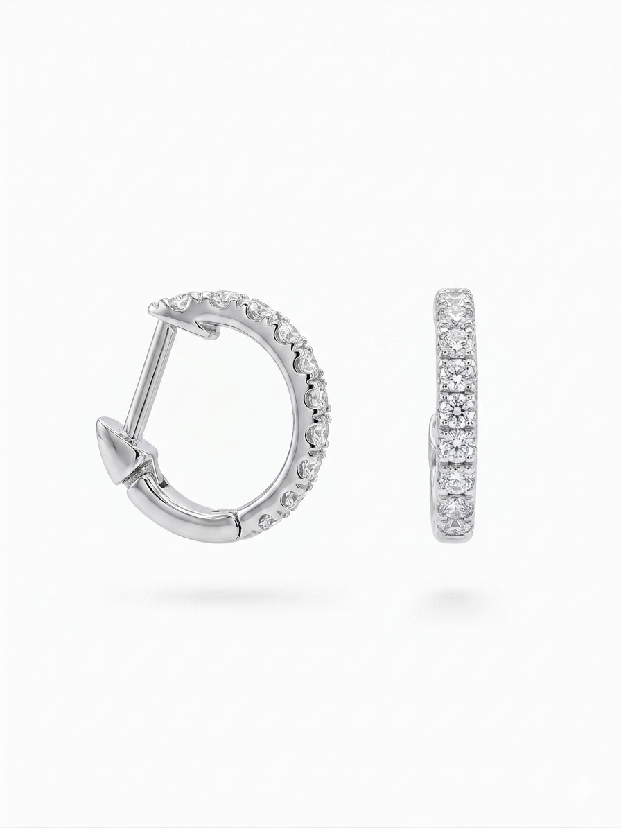 Close-up of Quinn Mist Round Lab Diamond Hoop Earrings in 14K White Gold by Fiona Diamonds