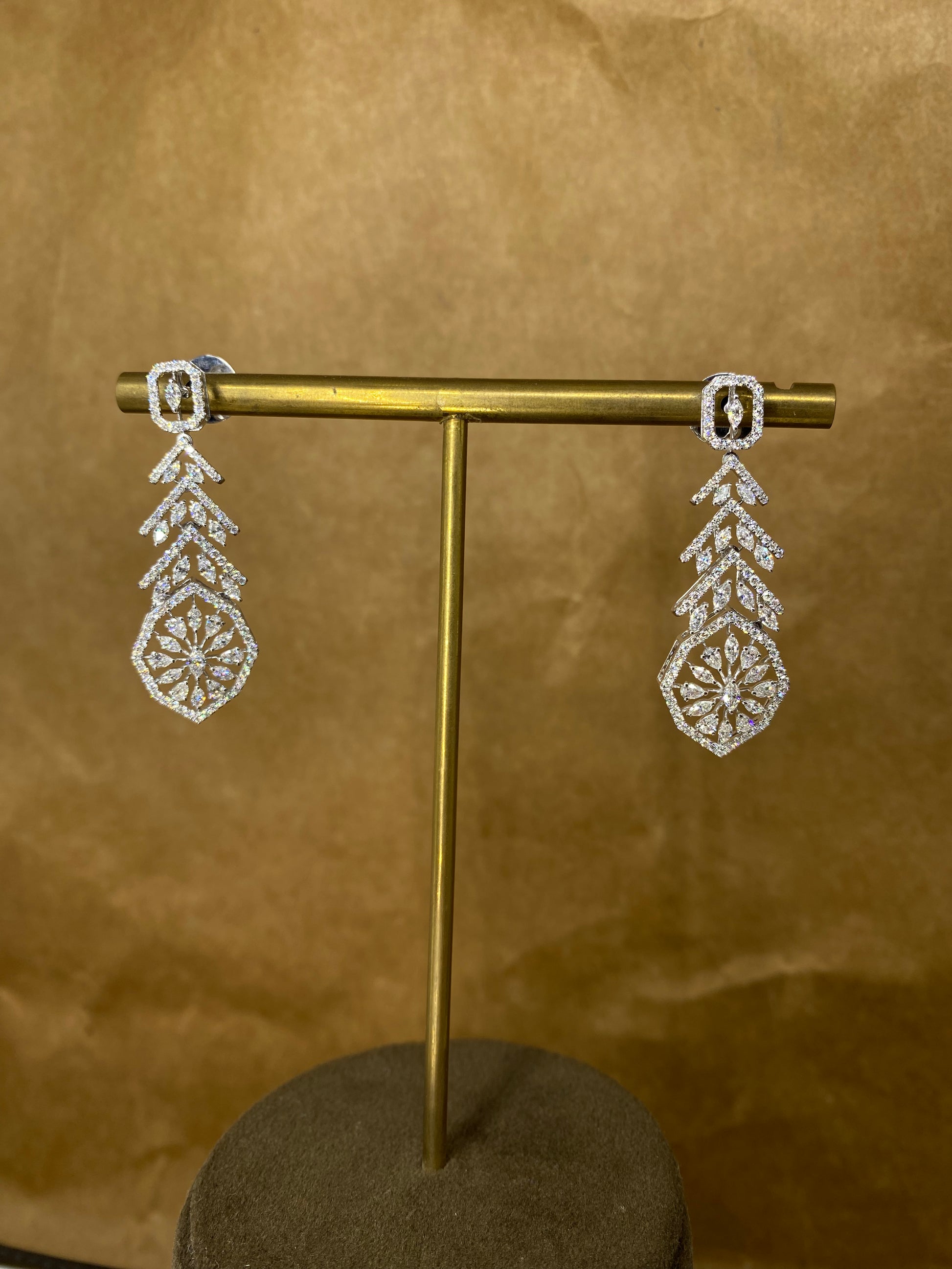Close-up of Refined Sparkle Pear Lab Diamond Dangler Earrings in 18K White Gold by Fiona Diamonds
