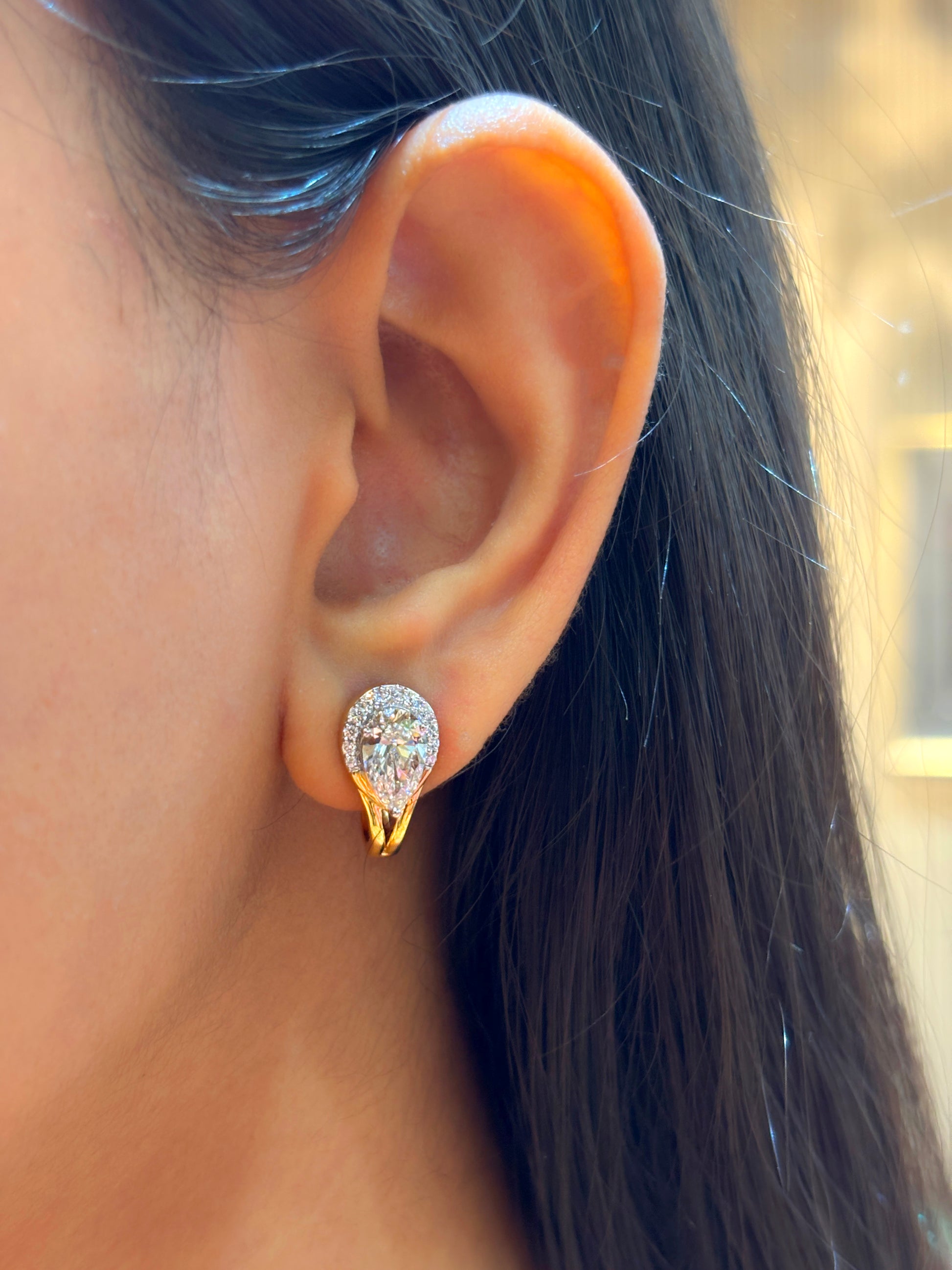 Close-up of 1.10 Carat Pear Pear Lab Diamond Earrings in 18K Yellow Gold by Fiona Diamonds