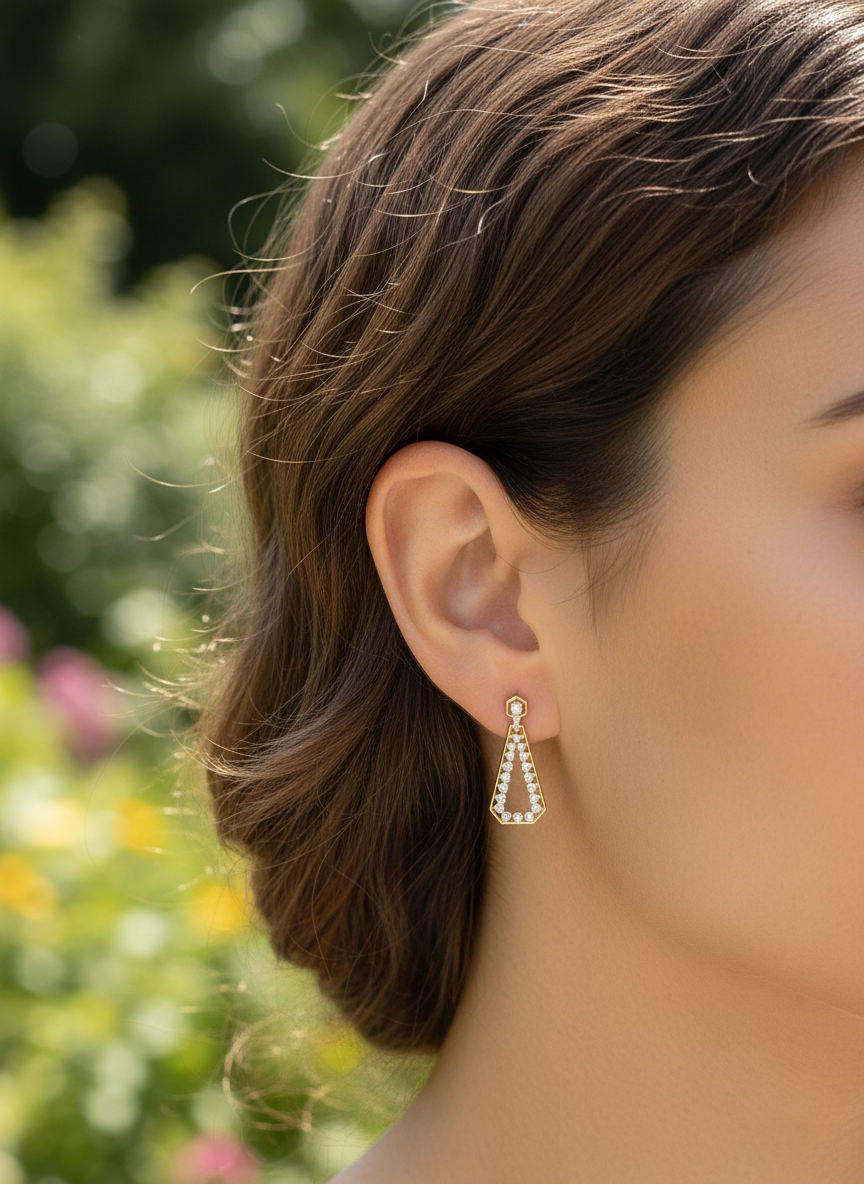 Close-up of Lyxora Spark Round Lab Diamond Dangler Earrings in 18K Yellow Gold by Fiona Diamonds