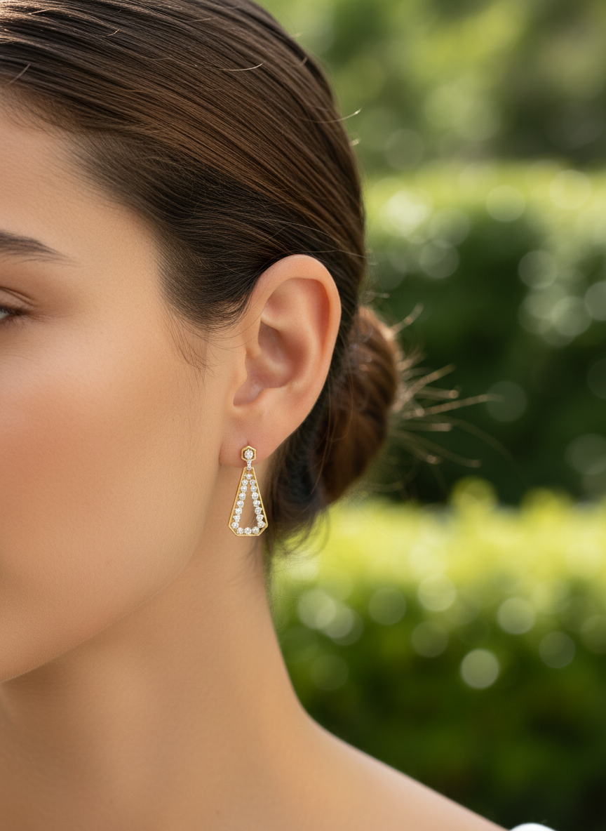 Side view of Lyxora Spark Round Lab Diamond Dangler Earrings in 18K Yellow Gold - Fiona Diamonds