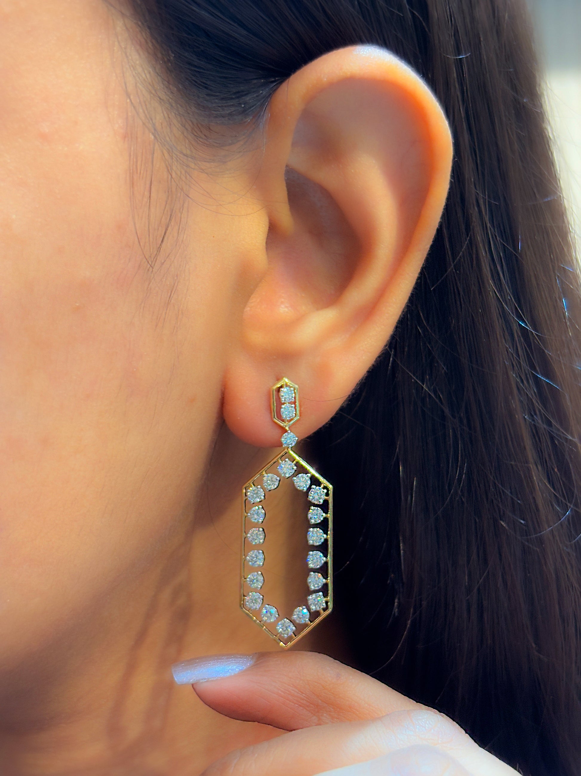 Side view of Oressa Field Round Lab Diamond Dangler Earrings in 18K Yellow Gold - Fiona Diamonds