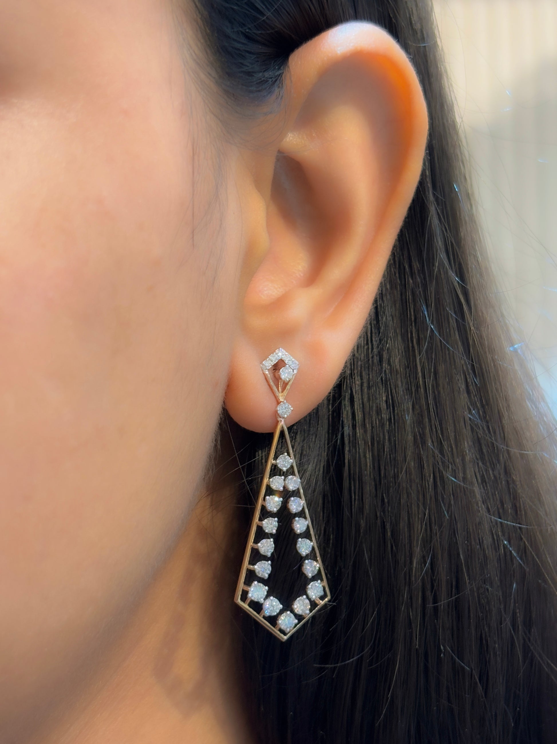 Side view of Kaelin Whisper Round Lab Diamond Dangler Earrings in 18K Rose Gold - Fiona Diamonds
