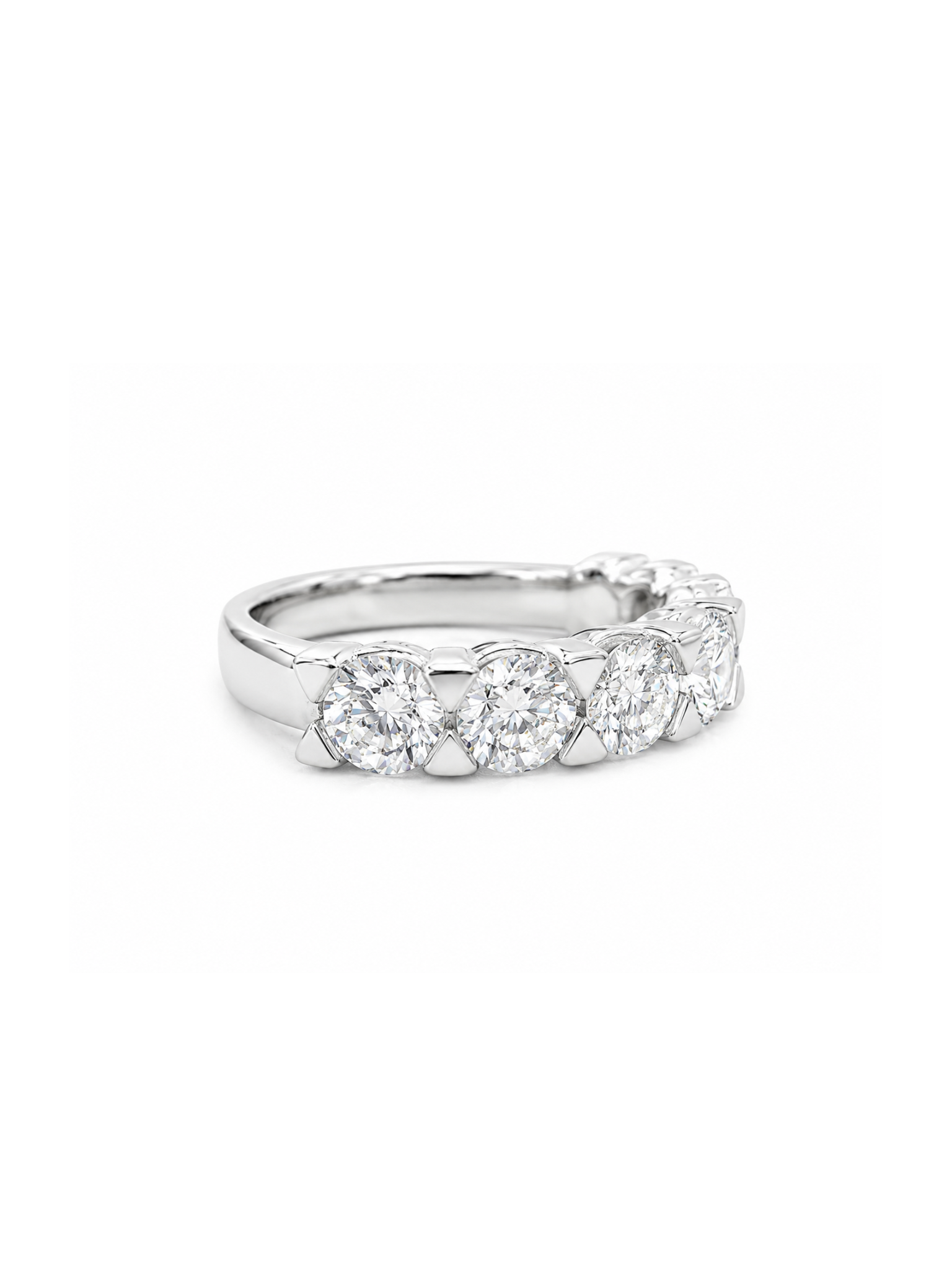 Close-up of Soleil Lace Round Lab Diamond Eternity Ring set in 18K White Gold by Fiona Diamonds