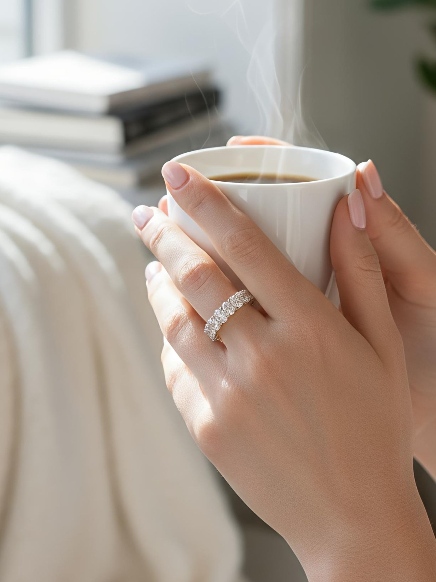 Close-up of Qyrelion Oval Lab Diamond Eternity Ring set in 18K Rose Gold by Fiona Diamonds
