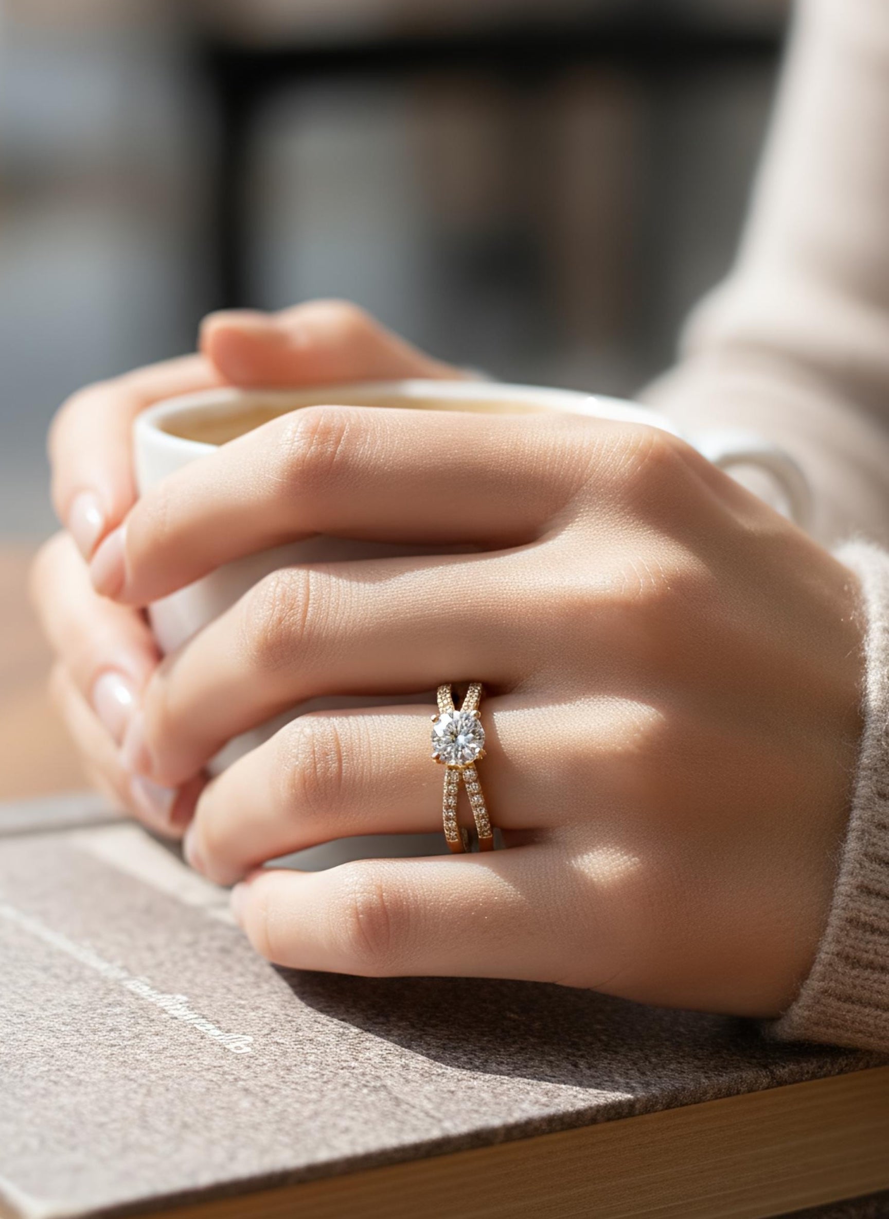 Close-up of Elyzora Round Lab Diamond Side Stone Solitaire Ring set in 14K Yellow Gold by Fiona Diamonds
