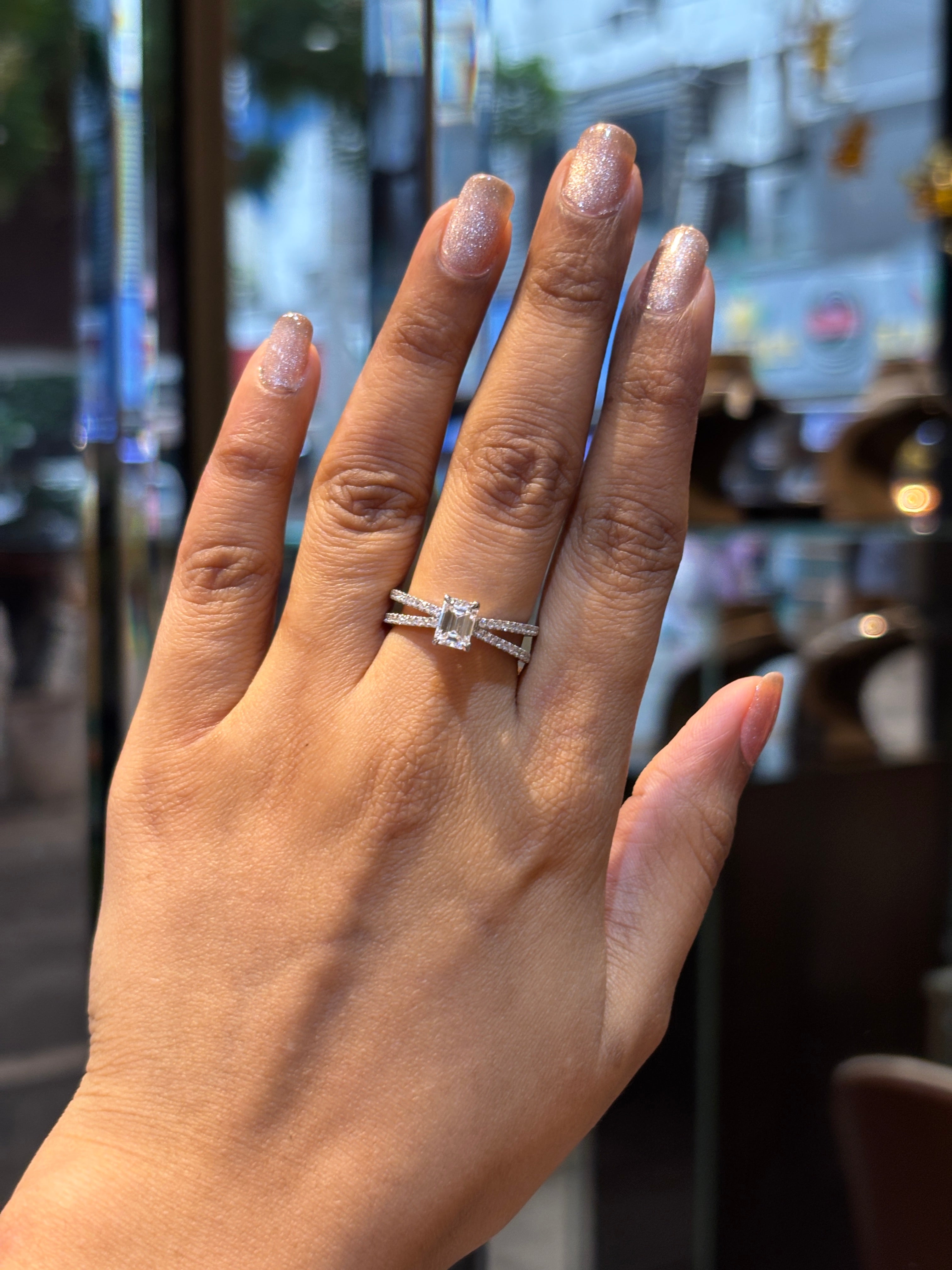 Round Lab Diamond Side Stone Solitaire Ring in 18K White Gold  81 Pointer by Fiona Diamonds