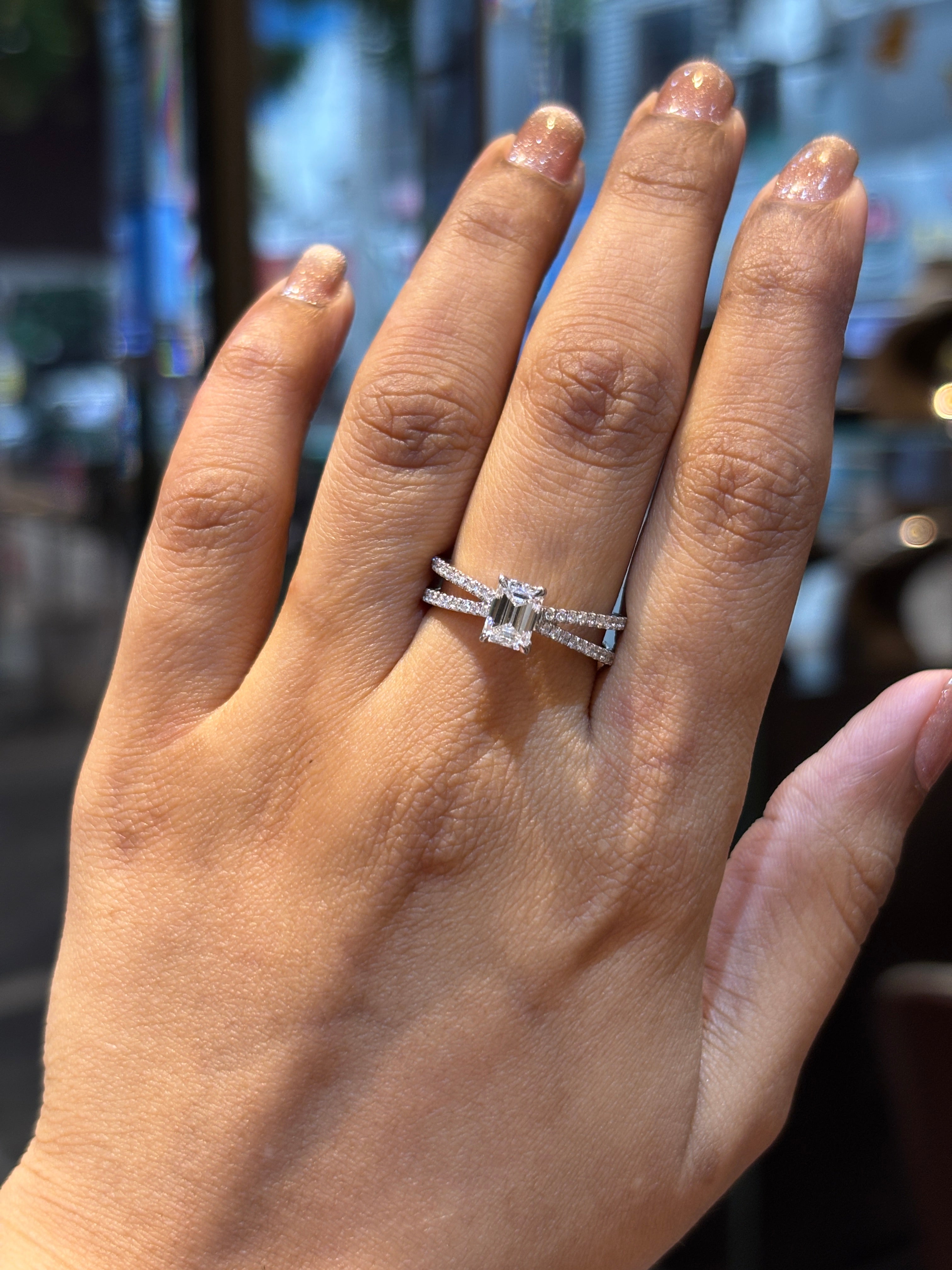 Fiona Diamonds 81 Pointer Round Lab Diamond Side Stone Solitaire Ring in 18K White Gold on hand