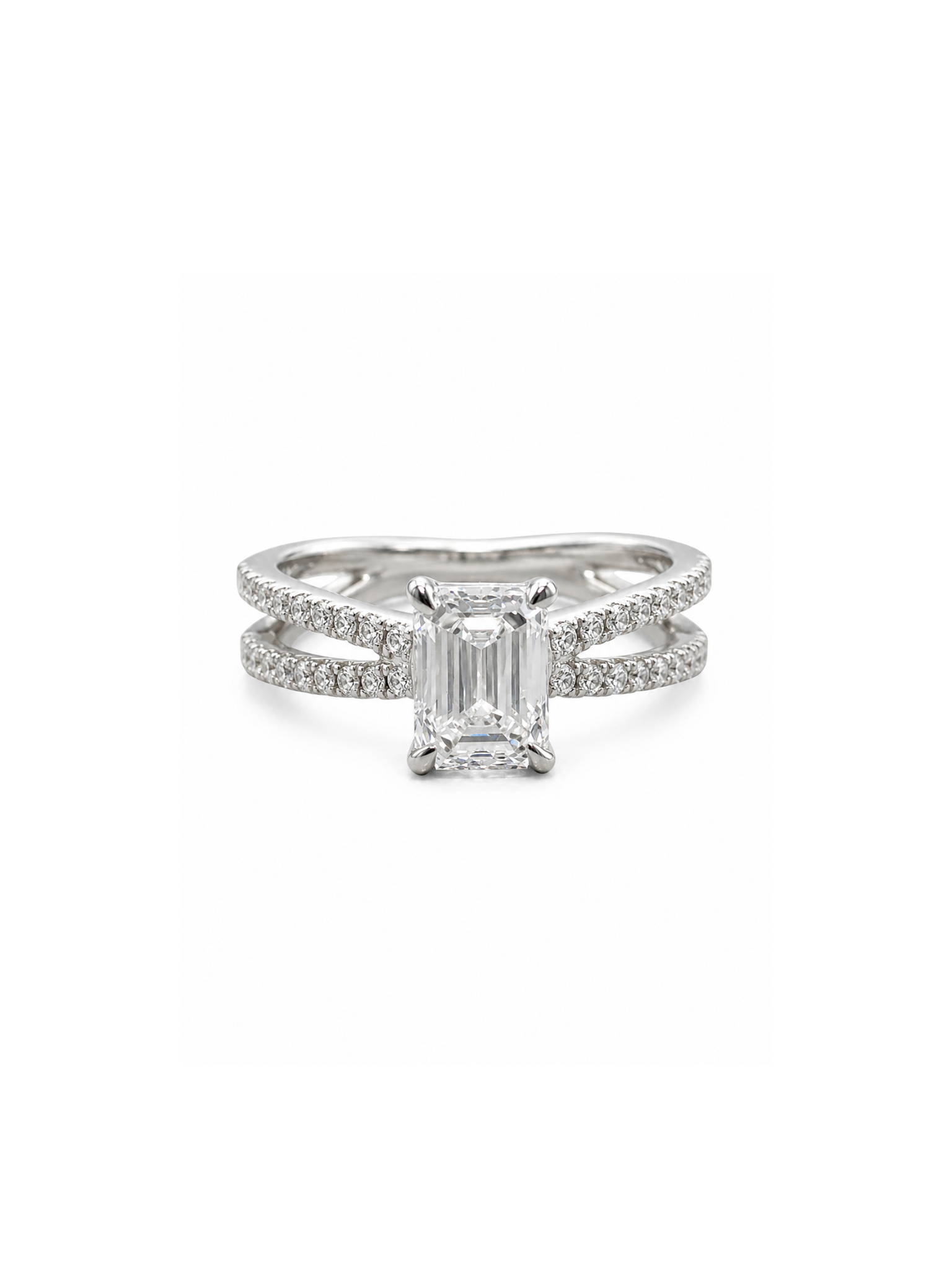 Nolan Veil Emerald Lab Diamond Side Stone Solitaire Ring in 18K White Gold by Fiona Diamonds
