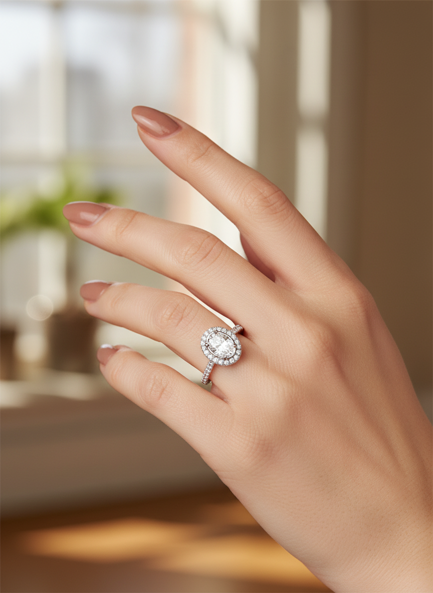 Close-up of Zoryn Trace Oval Lab Diamond Halo Ring set in 18K White Gold by Fiona Diamonds
