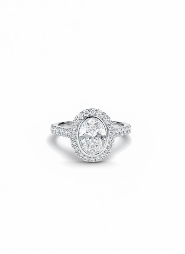 Zoryn Trace Oval Lab Diamond Halo Ring in 18K White Gold by Fiona Diamonds